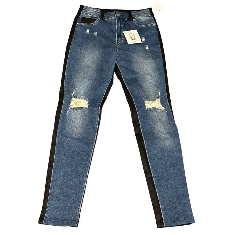 NWT AKIRA Two Tone Faux Leather Denim Skinny Jeans Size 9 10